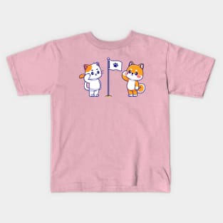 Cute Cat and Cute Shiba Inu Respect Paw Flag Cartoon Kids T-Shirt